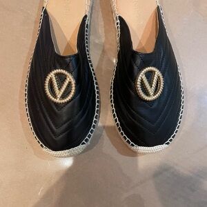 Valentino Black Espadrille Slip-Ons with Gold Rope Emblem
